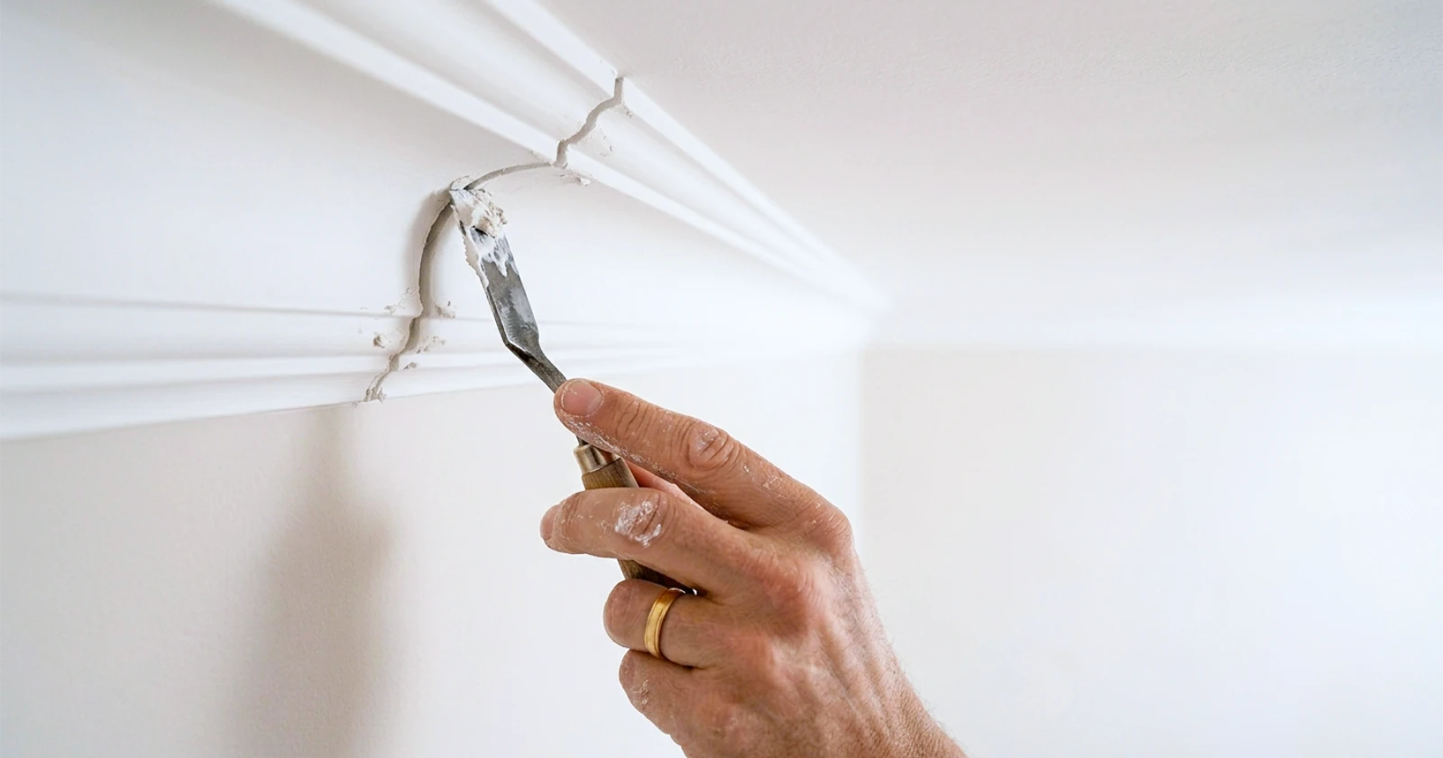 Gipsstuckleiste gleicht eine unebene Wand an der Decke sauber aus
